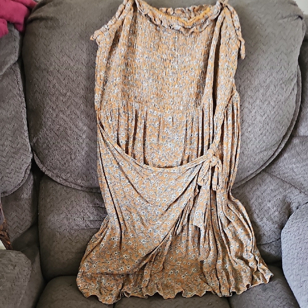 Aerie Floral Long Sleeve Dress in Tan
